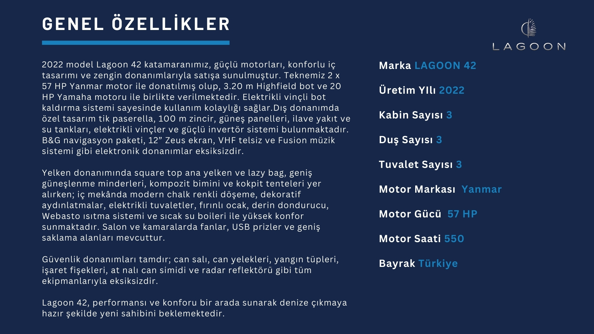 Satılık Lagoon 42 Owner 3 Kabin
